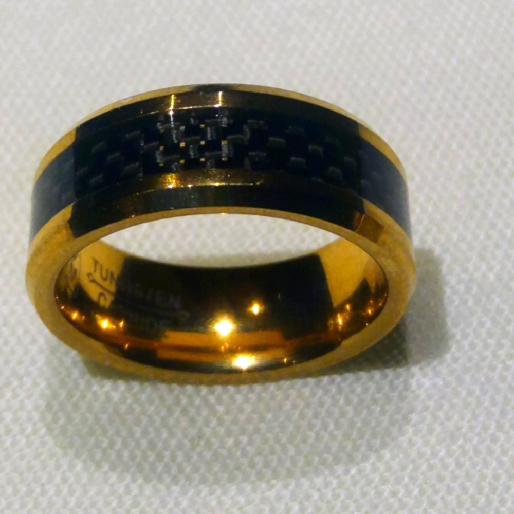 Tungsten carbide Men size 10 wedding band. Or not. Gold plated